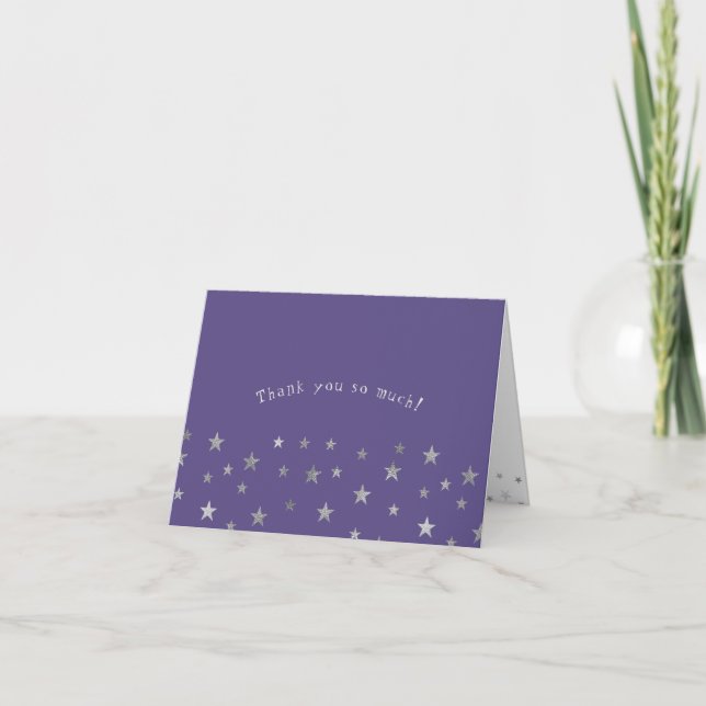 Purple silver twinkle stars baby shower thank you card (Front)