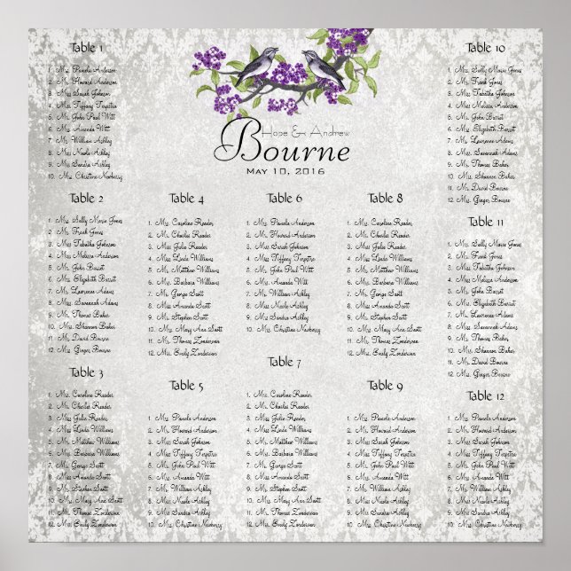 Purple Silver Vintage Love Birds Seating Chart  (Front)