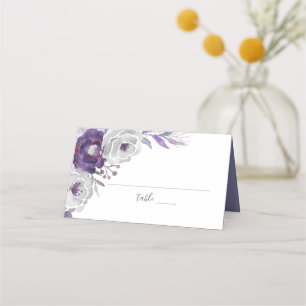 Purple Silver Watercolor Floral Wedding Reception Place Card
