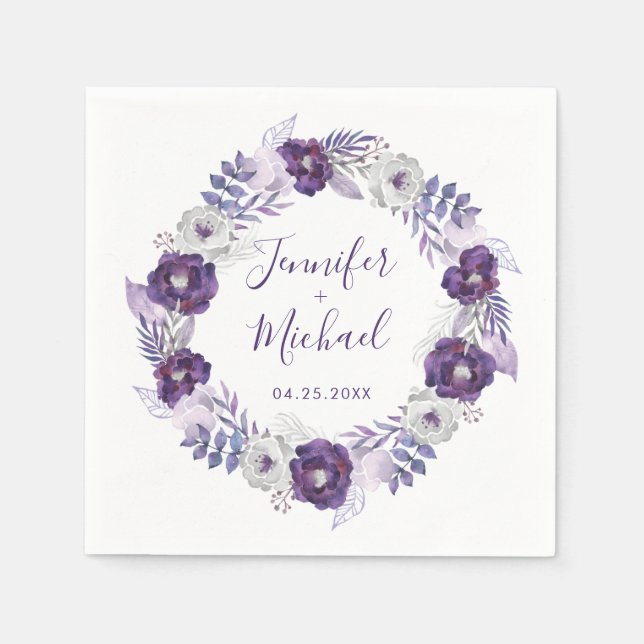 Purple & Silver Watercolor Floral Wreath Napkin (Front)