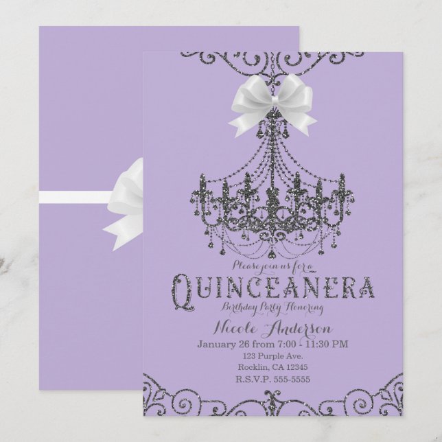 Purple & Silver White Bow Quinceañera 15 15th Invitation (Front/Back)