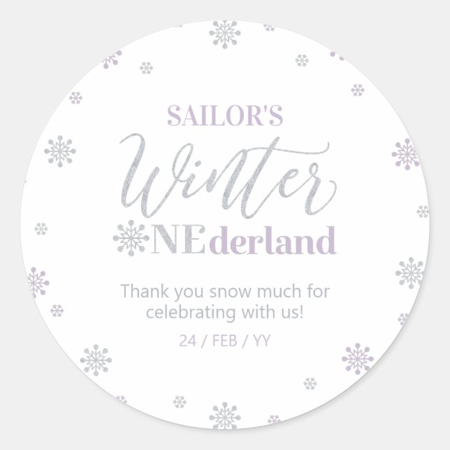 Purple & Silver Winter onederland Thank you Favour Classic Round Sticker (Front)