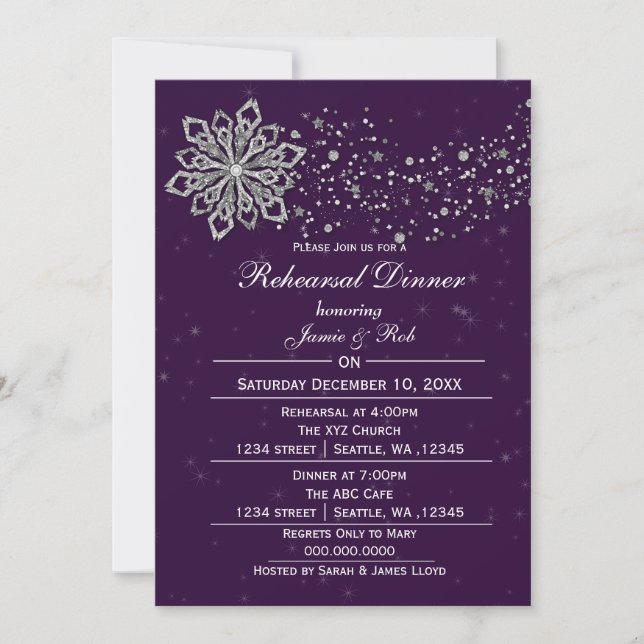Purple Silver Winter Rehearsal Dinner invite (Front)