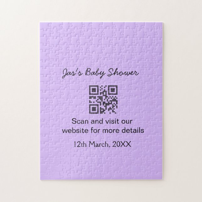 Purple simple baby shower q r code add name text jigsaw puzzle (Vertical)