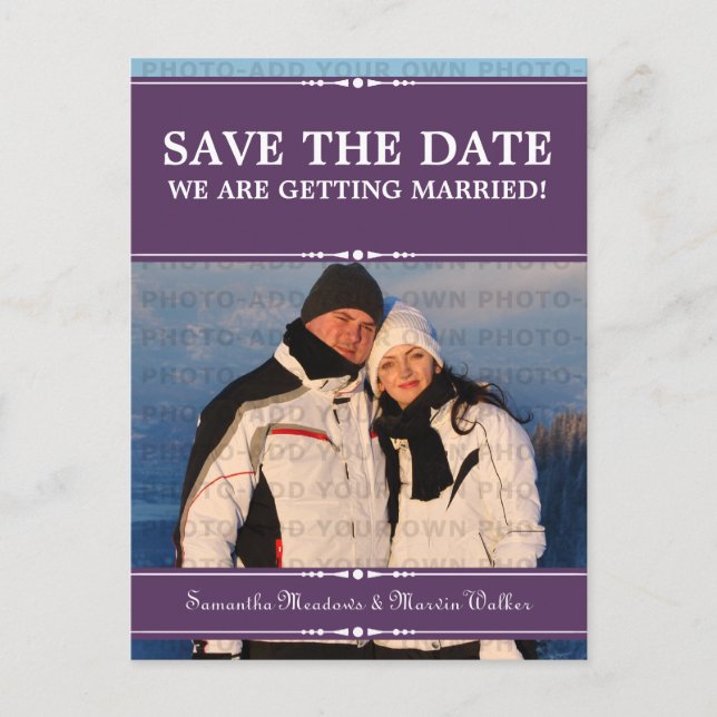 Purple Simple Chic Photo Save the Date Postcard (Front)