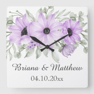 Purple Simple Elegant Floral Bridal Shower Gift Square Wall Clock