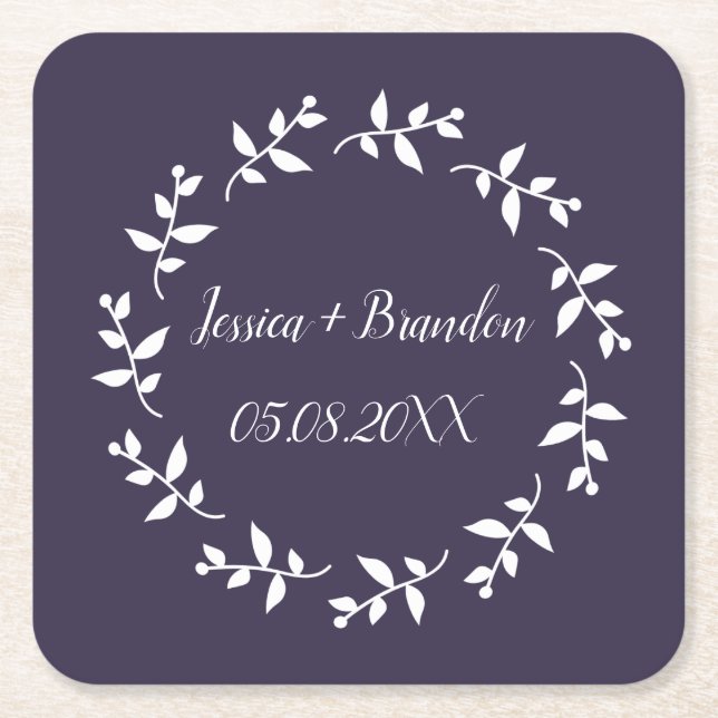 Purple Simple Elegant Minimalist Wedding  Square Paper Coaster (Front)