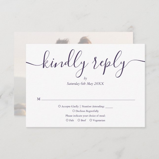 Purple Simple Elegant Script Photo Wedding RSVP Card (Front/Back)