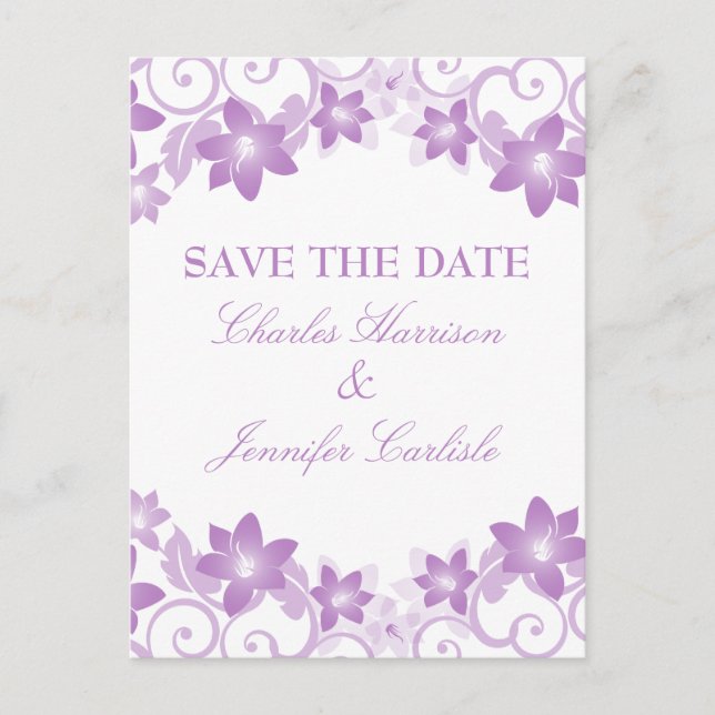 Purple Simple Floral Enregistrer la date Carte pos (Devant)