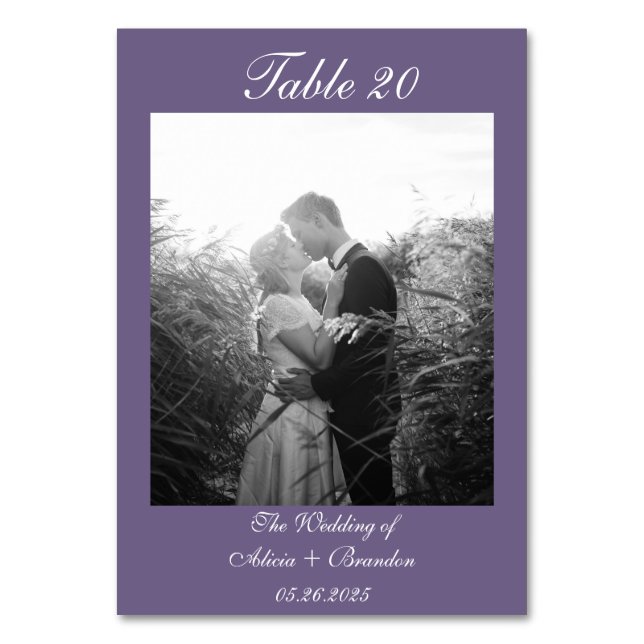 Purple Simple Minimal Calligraphy Script Photo  Table Number (Front)