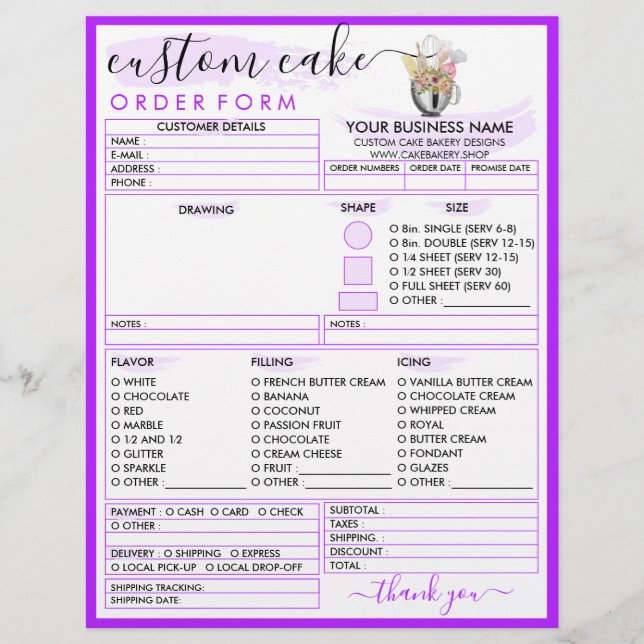 Purple Simple Modern Bakery Cake Order Form Flyer (Front)