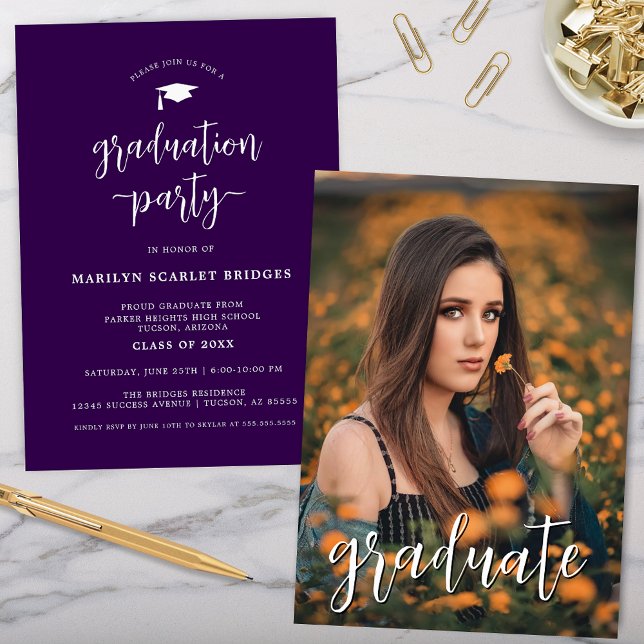 Purple Simple Modern Script Graduation Invitation (purple graduation party invitation with simple modern typography and photo of graduate on the back)