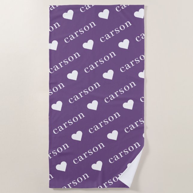Purple Simple Personalized Repeating Name Beach Towel (Front)