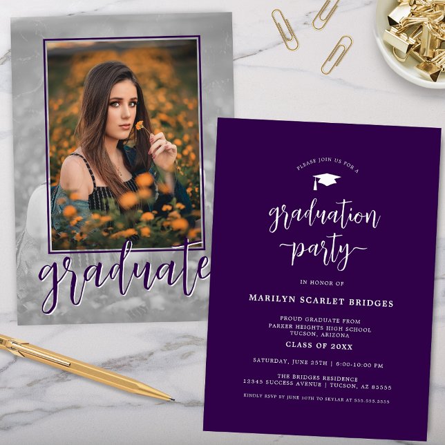Purple Single Photo Script Graduation Invitation (purple graduation party invitation with modern simple script writing and single grad picture on back)