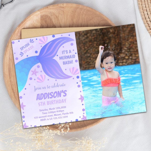 Purple Sirène Anniversaire Invitation avec photo (Mermaid Purple Birthday Invitations with photo)