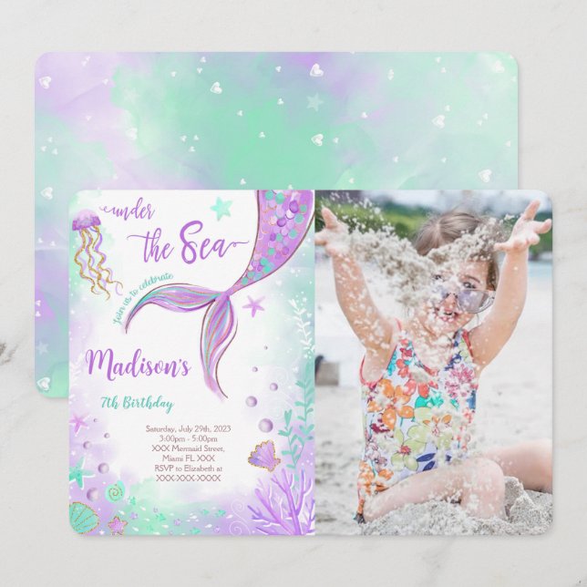 Purple Sirène Anniversaire Photo Invitation (Devant / Derrière)