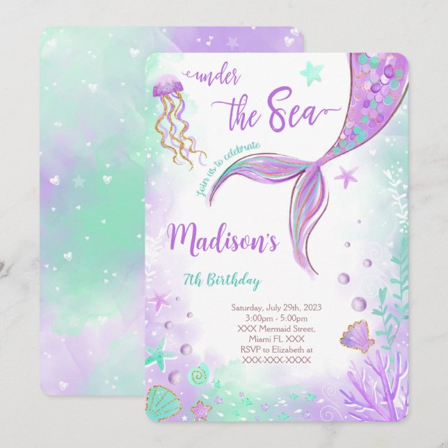 Purple Sirène Invitation Anniversaire (Devant / Derrière)