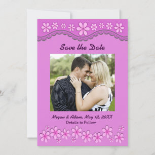 Purple Six Petal Pink Flowers Save the Date Card