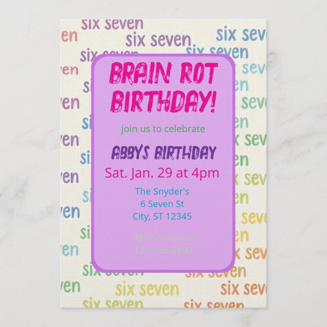 Purple Six Seven Brain Rot Birthday Invitation (Front)