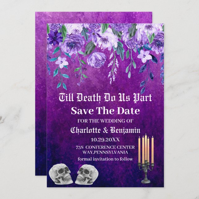 Purple Skull Save The Date Halloween Wedding  (Front/Back)