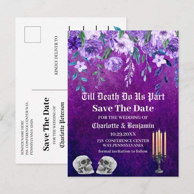 Purple Skull Save The Date Halloween Wedding  Announcement Postcard (Front/Back)