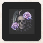 PURPLE SKULL  SQUARE PAPER COASTER<br><div class="desc">Unleash your gothic spirit with this stunning skull design wrapped in roses, feathers, and celestial elements. A perfect fusion of boho and gothic aesthetics, this artwork features intricate linework and dreamy watercolor touches in purples, blacks, and silvers. Whether you're into edgy fashion or mystical vibes, this design makes a bold...</div>
