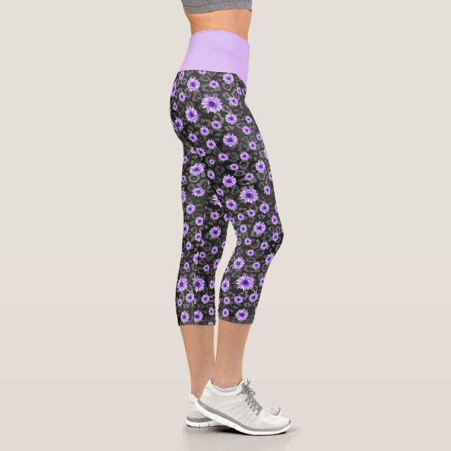 Purple Skulls and Sunflower Series Design 11 Capri Leggings (Right)