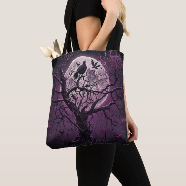 Purple Sky Full Moon Black Birds Halloween Tote Bag (Close Up)