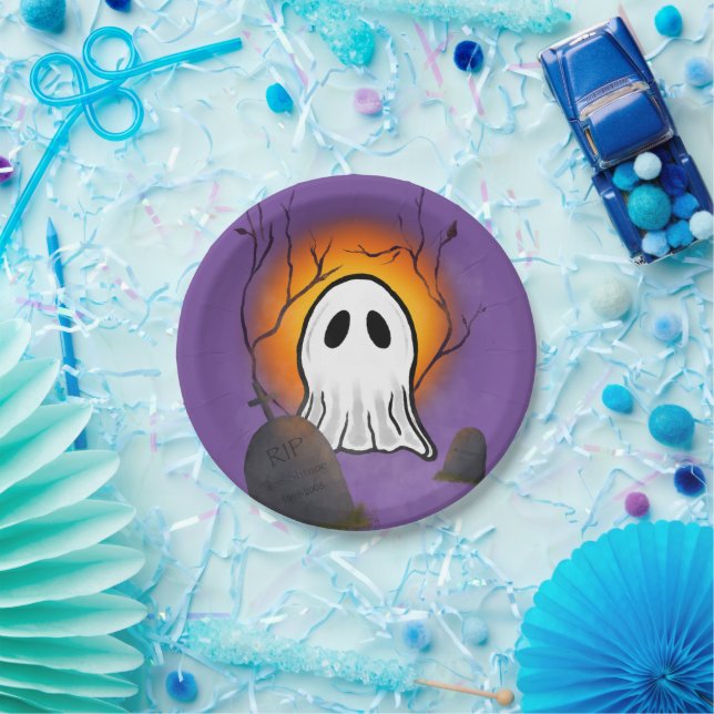 Purple Sky Orange Moon Ghost in graveyard Paper Plate (Party)