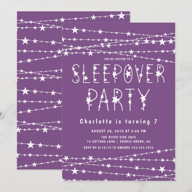 Purple Sleepover Birthday Party Invitation (Front/Back)