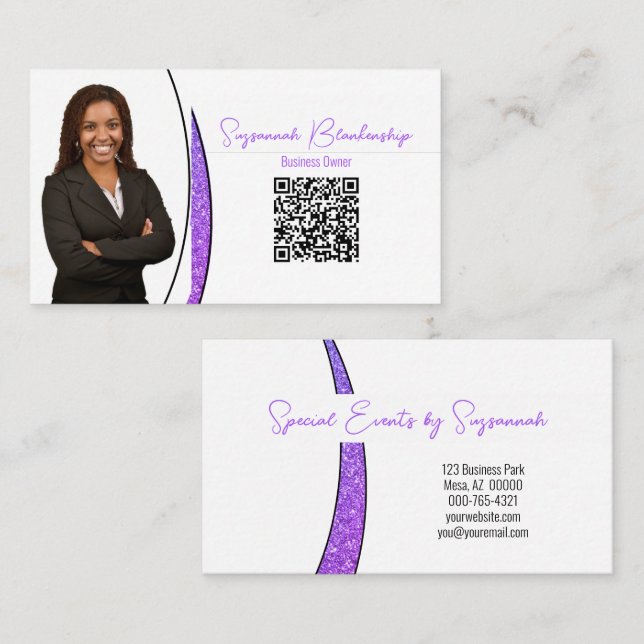 Purple Sliver Faux Glitter Photo QR Professional  Business Card (Front/Back)