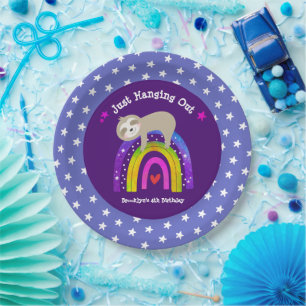 Purple Sloth Boho Rainbow Birthday Cute Paper Plate