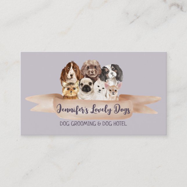 Purple Small Puppy Dog Grooming Business Card (Front)