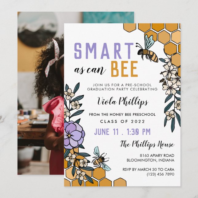Purple Smart As Can Bee Preschool Graduation Invitation (Front/Back)