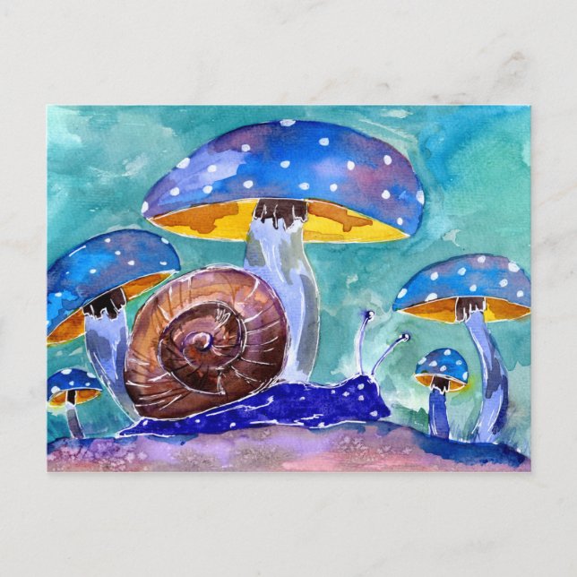 Purple Snail and Blue Mushrooms Postcard (Front)