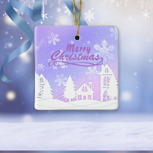 Purple Snow House Merry Christmas Happy New Year Ceramic Ornament