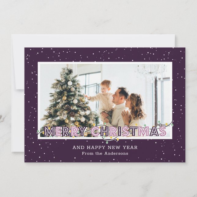 Purple Snow Lights Photo Christmas Cards (Front)