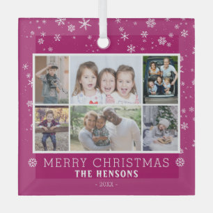 Purple Snowflake Christmas Family 6 Photo Collage Glass Ornament