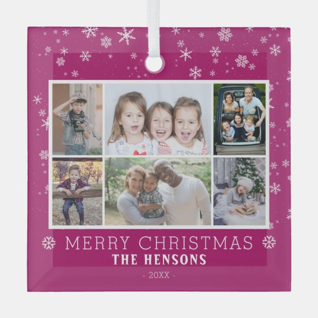 Purple Snowflake Christmas Family 6 Photo Collage Glass Ornament (Front)