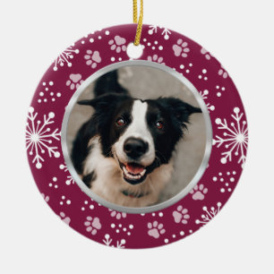 Purple Snowflake Paw Pattern Pet Photo Ceramic Ornament
