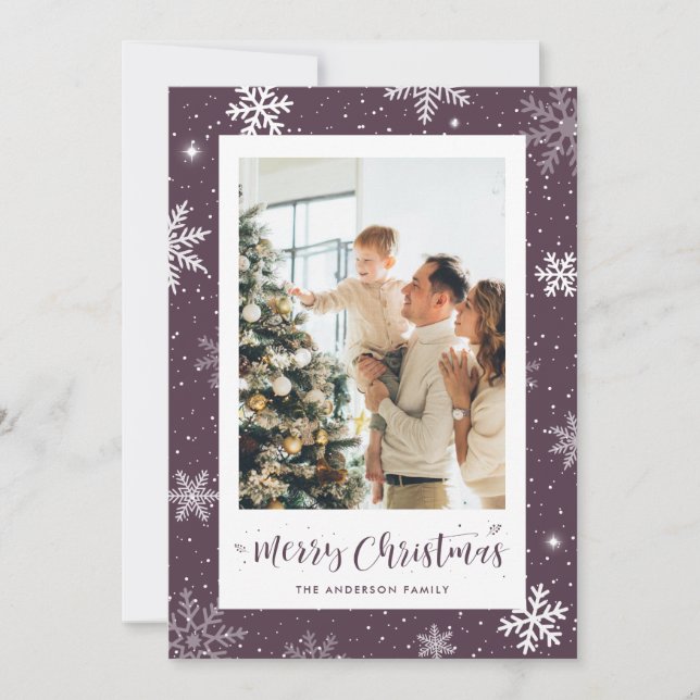 Purple Snowflake Photo Christmas Card (Front)