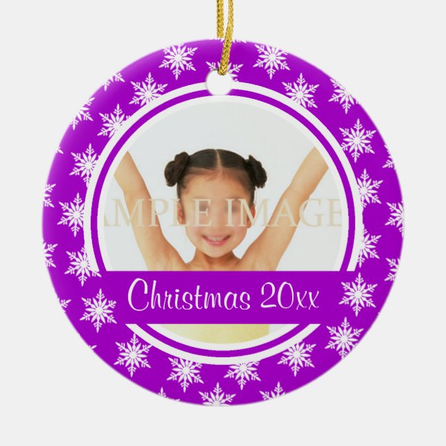 Purple snowflake photo personalize ceramic ornament (Front)
