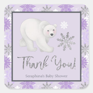 Purple Snowflake Polar Bear Baby Shower Thank You Square Sticker