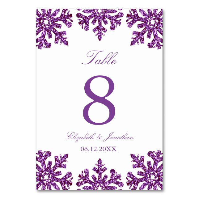 Purple Snowflake Winter Wedding Table Number (Front)
