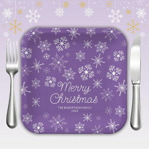 Purple Snowflakes Christmas Party Paper Plate