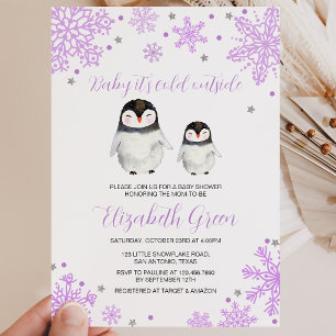 Purple Snowflakes Penguin Baby Shower Invitation