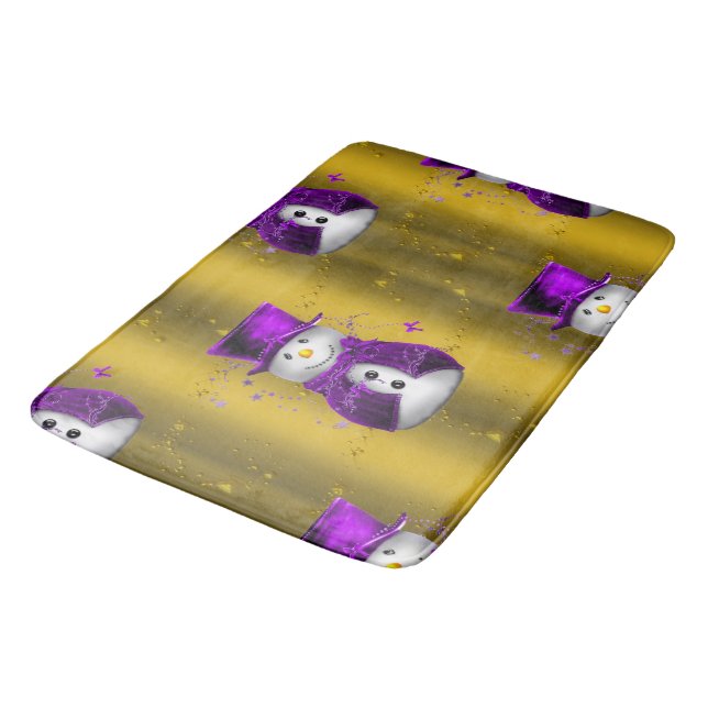 Purple Snowman on Gold Christmas Bath Mat (Angled)