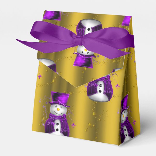 Purple Snowman on Gold Christmas Favor Box (Front Side)