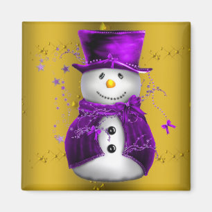 Purple Snowman on Gold Christmas Magnet
