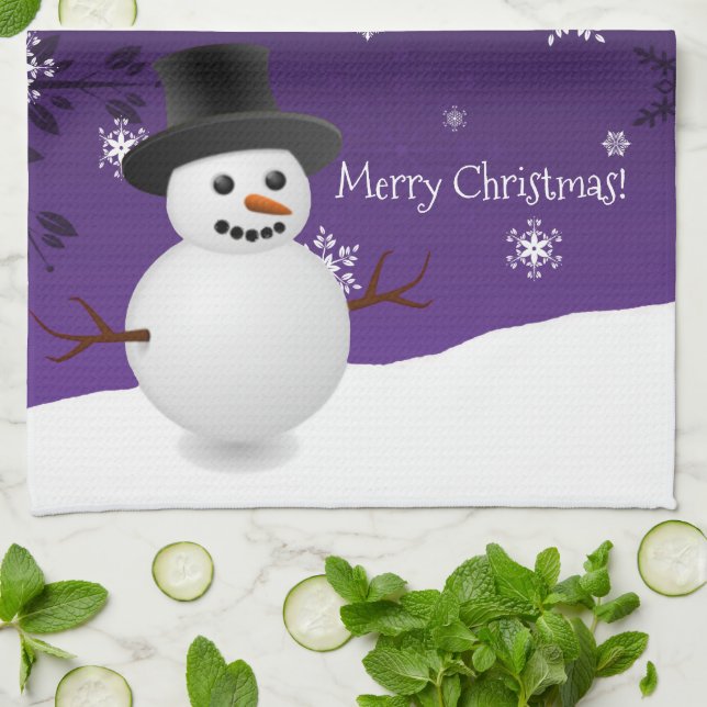 Purple Snowman Winter Christmas Kitchen Towel (Folded)